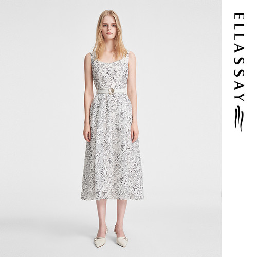 ELLASSAY歌力思夏季新款透气笔触花纹无袖连衣裙女EWE352Y03200