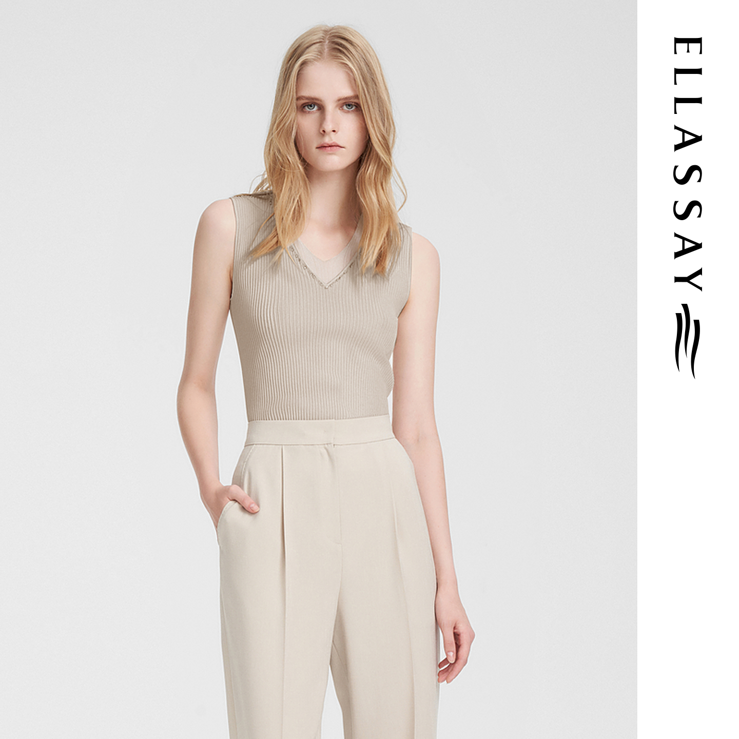 ELLASSAY歌力思早春新款棉法式松弛无袖V领针织衫女EWE355M08400