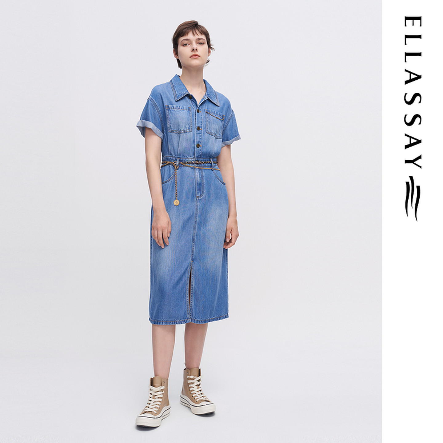 ELLASSAY歌力思早春新品开叉衬衫式简约牛仔连衣裙女EWW341N03300