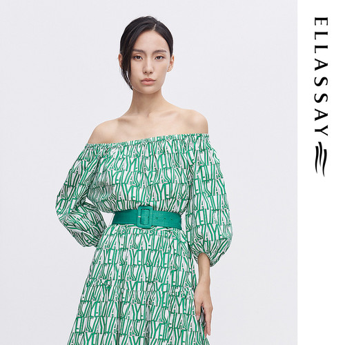 ELLASSAY歌力思夏季新款纯棉一字肩印花衬衫女EWE342C02500