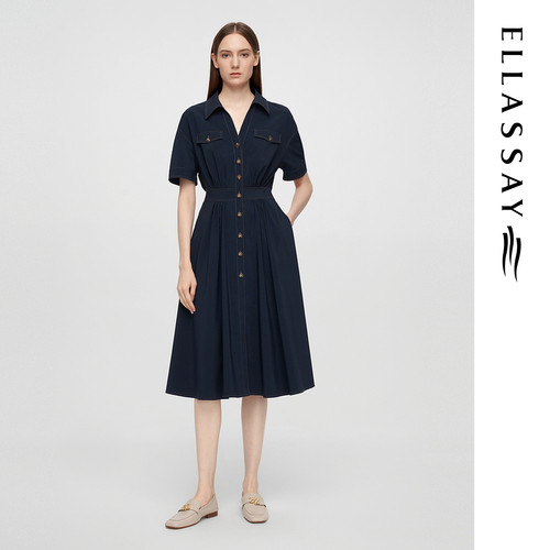 ELLASSAY歌力思春夏新款复古丹宁收腰短袖连衣裙女EWE362Y19400