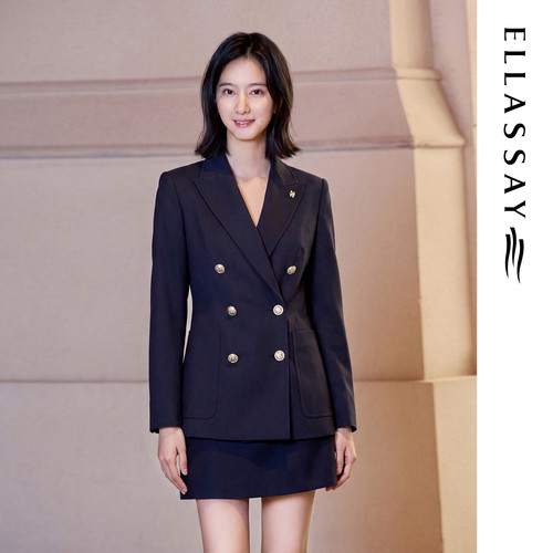 ELLASSAY歌力思春夏新款绵羊毛经典双排扣西装外套女EWW355T03200