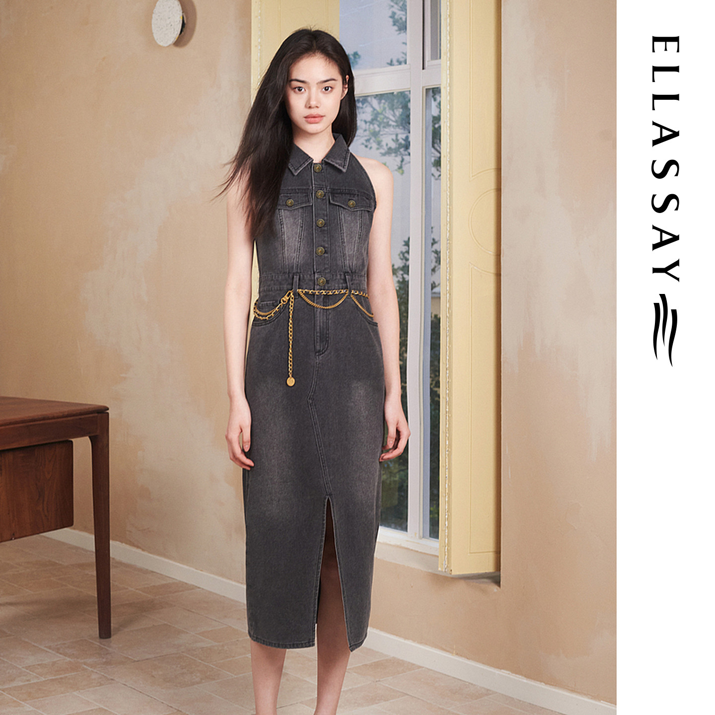 ELLASSAY歌力思年夏季新款复古开叉长款牛仔连衣裙女EWW355N07400