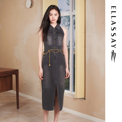 ELLASSAY歌力思年夏季新款复古开叉长款牛仔连衣裙女EWW355N07400