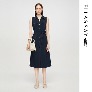 ELLASSAY歌力思春夏新款无袖收腰翻领牛仔连衣裙女EWE362Y15400