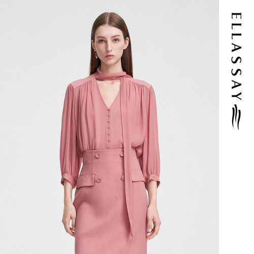 ELLASSAY歌力思夏季新款100%桑蚕丝飘带真两件衬衫女EWF352C03300