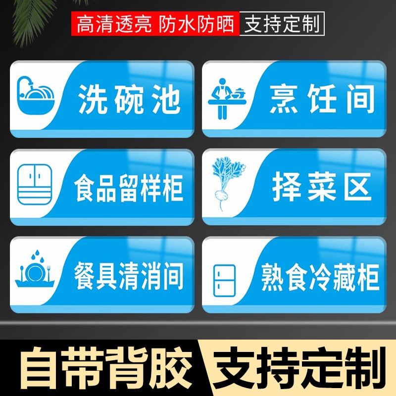 亚克力厨房分类标识牌一清二洗三消毒餐饮标识牌蔬菜肉类餐具清洗池消