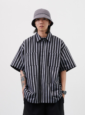 NUMBERSALT盐号24SS新款条纹短袖衬衣复古休闲宽松免烫多口袋衬衫