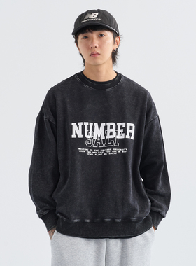 NUMBERSALT24AW复古做旧水洗长袖T恤重磅印花t男纯棉圆领休闲卫衣