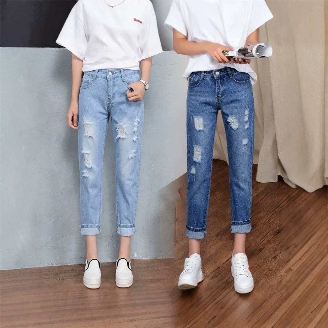 大码胖mm破洞牛仔裤女九