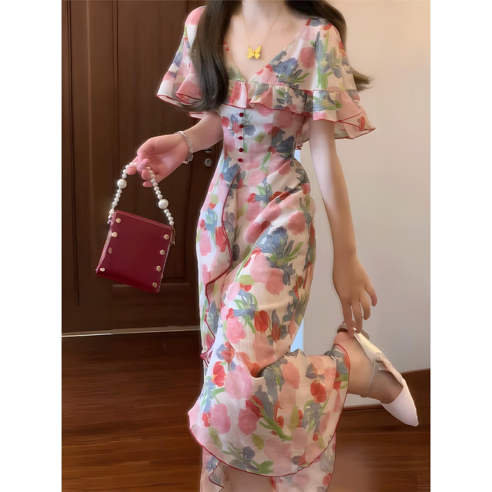 法式荷叶边碎花裙连衣裙