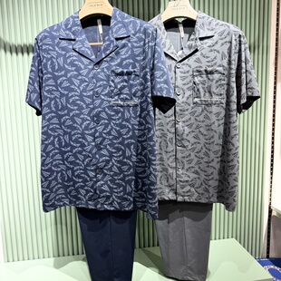 意大莱春夏男士冰丝光棉国民领开衫印花半袖长裤睡衣家居服6A222