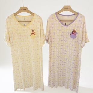 意大莱春夏女士V领短袖 竹纤维带胸垫休闲宽松家居睡裙6A556