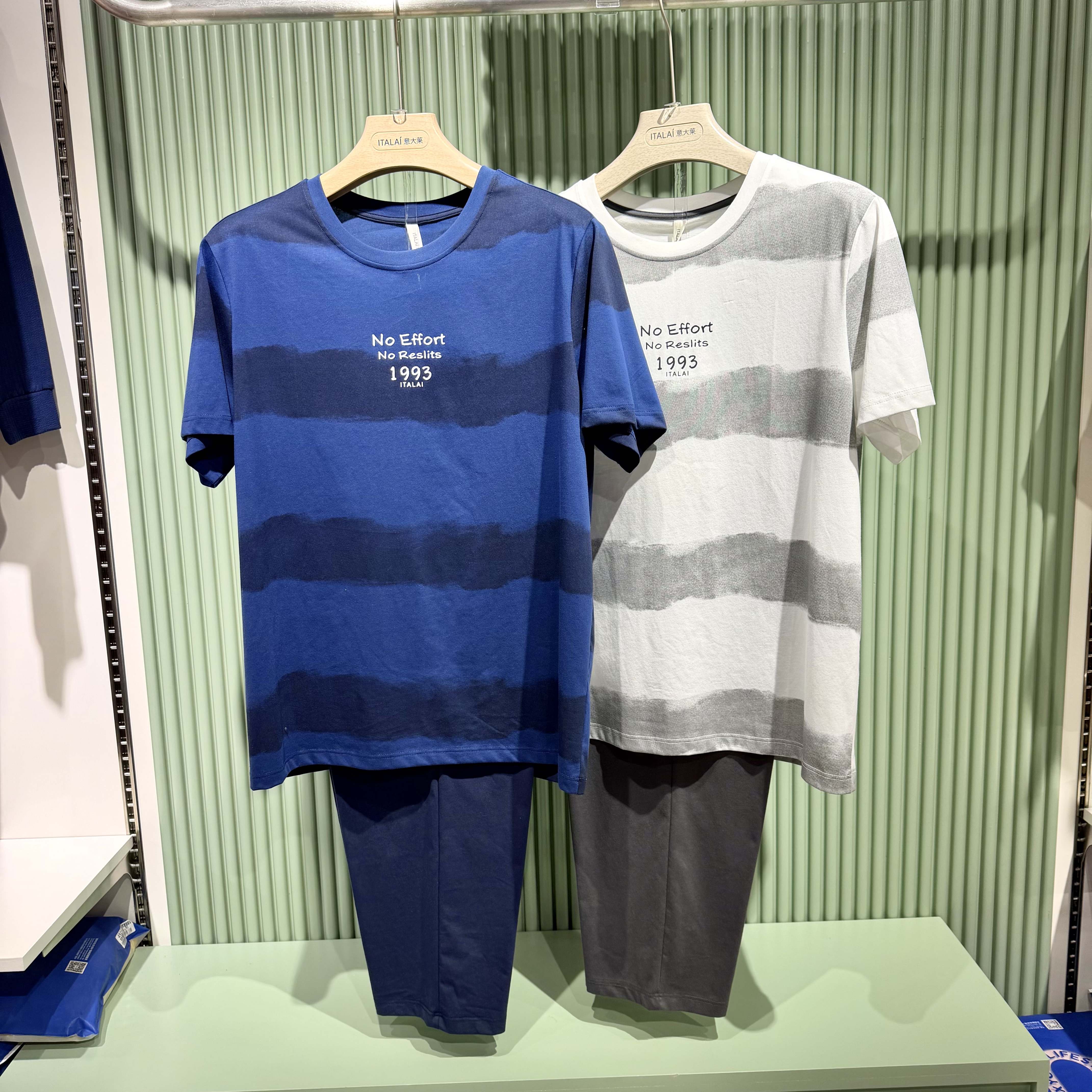 意大莱春夏男士冰丝光棉圆领套头短袖长裤睡衣家居服套装6A287