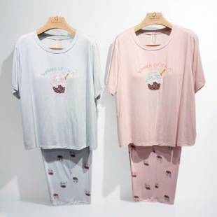 意大莱春夏女士竹纤维圆领半袖 6A540 带胸垫睡衣家居服套装