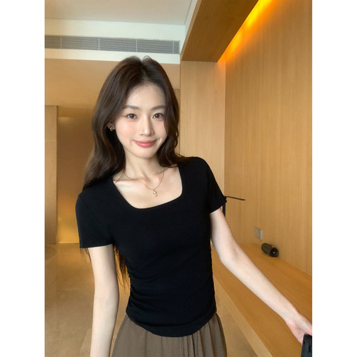 pusumede 淡人纸片tee 方领短袖t恤女夏褶皱收腰短款针织正肩上衣