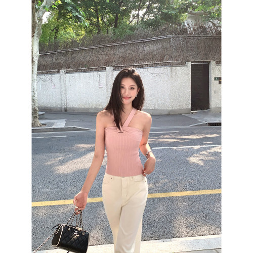 pusumede 自成焦点 纯欲辣妹针织吊带背心女修身气质无袖露肩上衣