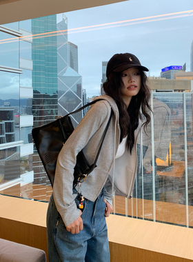 pusumede街头酷感 黑色连帽卫衣女修身拉链帽衫休闲短款外套上衣