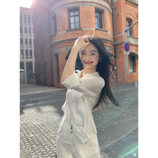 女长袖 衬衫 衬衣气质针织上衣 微透通勤七分袖 pusumede时髦预科生