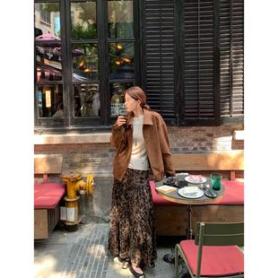 pusumede 复古豹纹丝绒半身裙女小众压褶蛋糕裙a字长裙 摩登都会