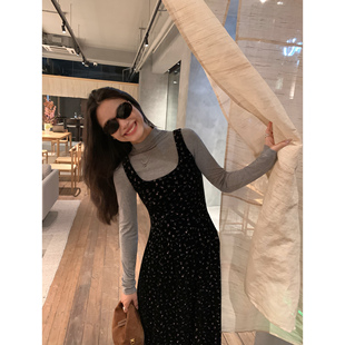 pusumede 复古碎花丝绒连衣裙女秋冬打底背心裙 现货5折