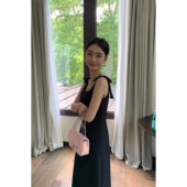 pusumede 法式 气质方领黑色吊带连衣裙女赫本风小黑裙高级感长裙