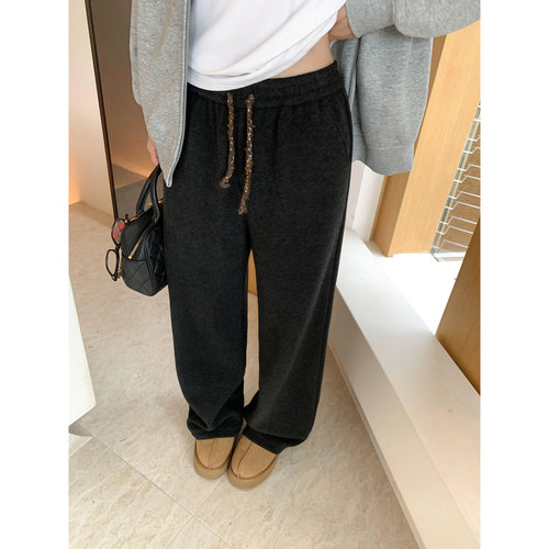 pusumede 取意自然 高腰针织阔腿卫裤女宽松休闲垂感直筒加厚长裤