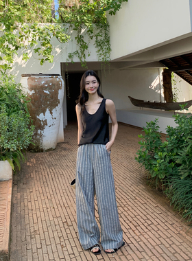 pusumede 松弛time~竖条纹休闲裤女宽松阔腿裤纯棉松紧腰直筒长裤