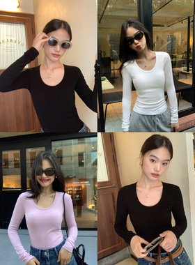 pusumede【现货6.5折】自在韵律 U领针织打底衫女修身内搭长袖T恤