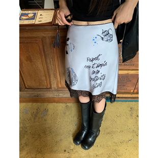 pusumede 蕾丝花边缎面半裙女设计感小众拼接直筒短裙 现货5折