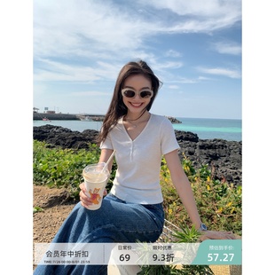 白色竹节棉V领短袖 薄款 pusumede T恤女夏季 上衣 修身 显瘦气质短款