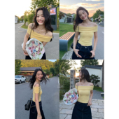 pusumede心动缪斯 针织上衣 气质短款 一字肩短袖 t恤女翻领露肩修身