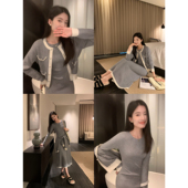 现货5.5折 法式 小香风针织开衫 pusumede 女打底包臀连衣裙套装