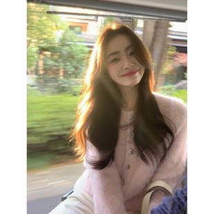 pusumede 心动剧场 粉色仿貂毛开衫毛衣女温柔软糯保暖针织上衣