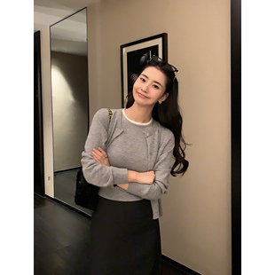 pusumede 花灰色圆领羊毛针织开衫女休闲撞色吊带背心两件套上衣