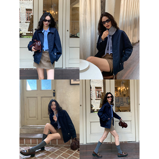 pusumede 复古格纹哈灵顿夹克女设计感两面穿拉链外套 伦敦都会