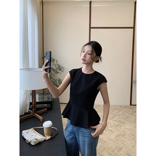 pusumede法式圆领连袖小衫女收腰伞状荷叶边衬衫气质小飞袖上衣