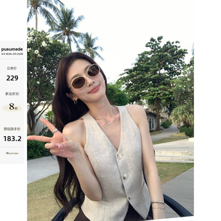pusumede 柔和美感 老钱风1OO亚麻V领马甲女外穿无袖背心马夹上衣