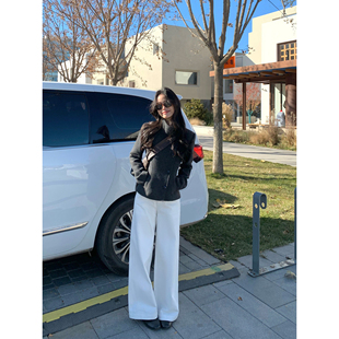 pusumede 长期爱穿 白色高腰休闲直筒裤女宽松垂坠感阔腿长裤子