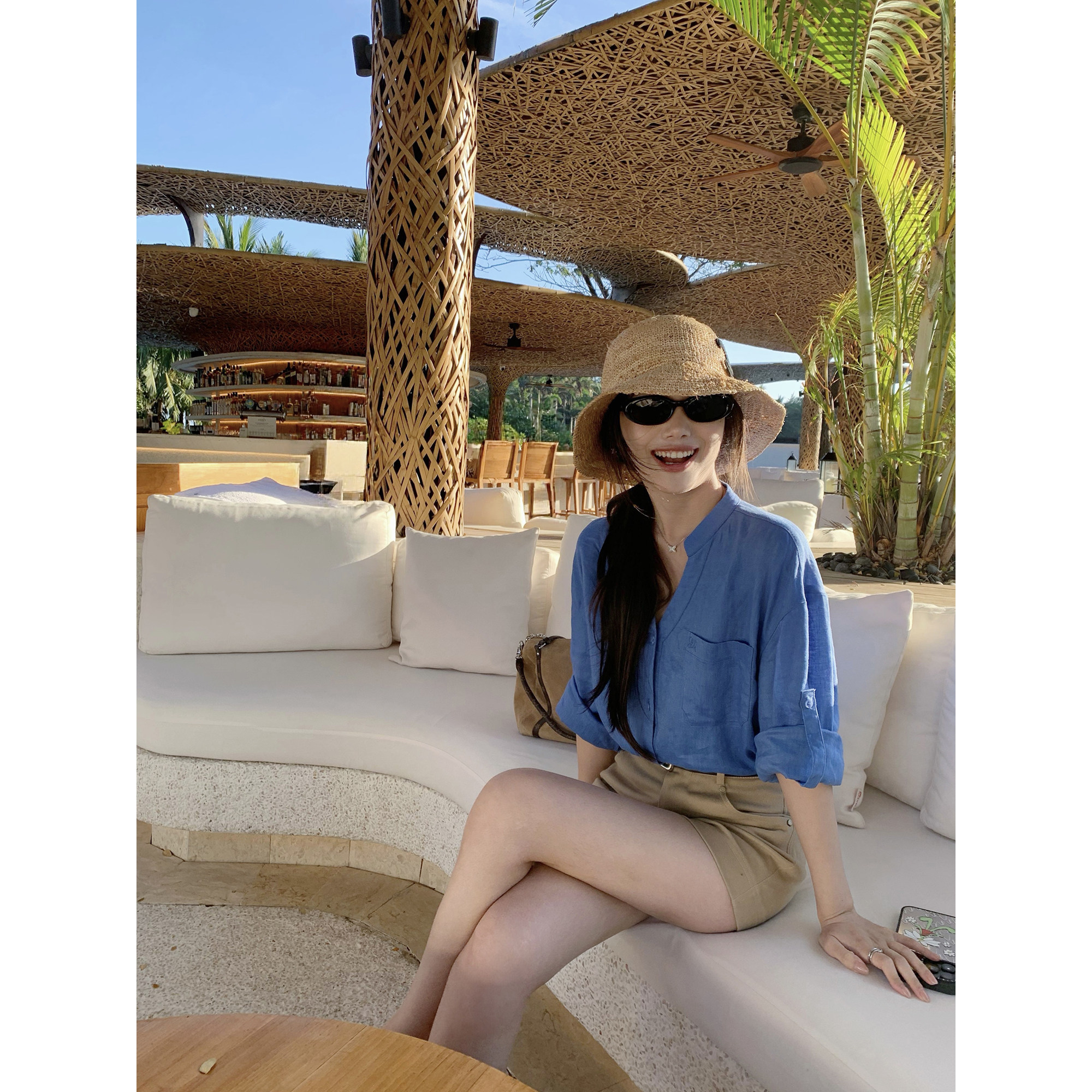 pusumede 老钱质感 1OO亚麻V领衬衫女慵懒宽松透气薄款长袖衬衣