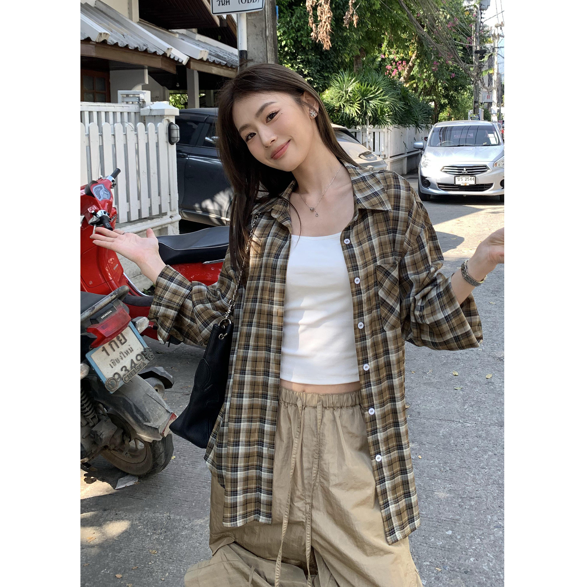 pusumede 复古格子衬衫女新款宽松长袖衬衣设计感小众叠穿上衣