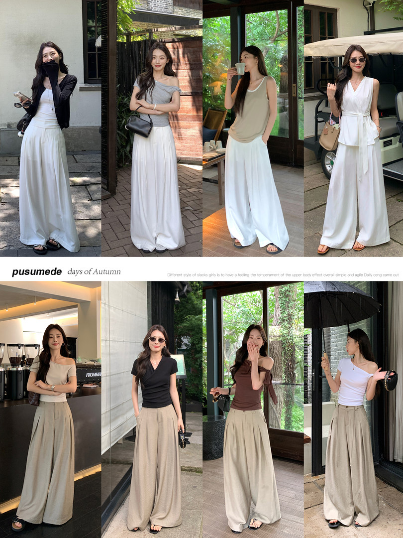 Collage of women wearing wide-leg high-waist pants in neutral colors