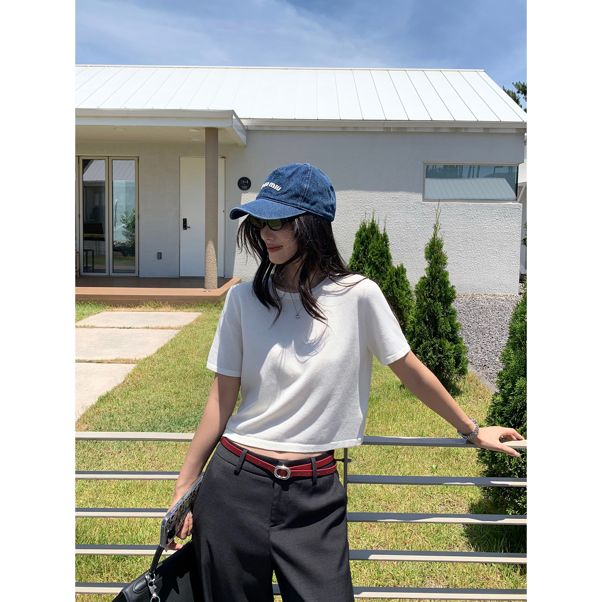 pusumede 夏日小T 圆领针织衫短袖T恤女夏宽松休闲短款正肩上衣