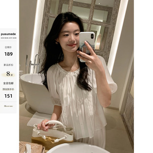 复古泡泡袖 pusumede 女法式 两穿一字肩木耳边衬衫 上衣 半糖少女