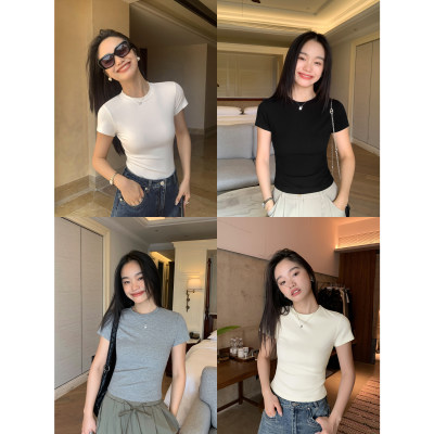 pusumede正肩短袖T恤女圆领2025夏季新款纯色修身韩版短款上衣