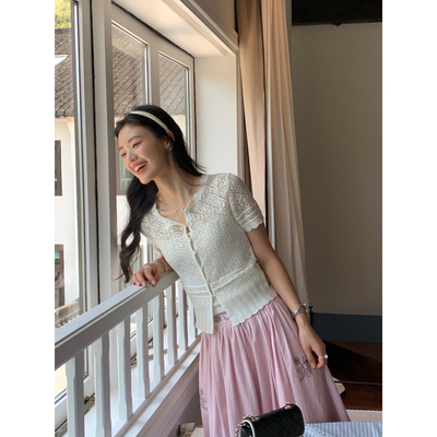 pusumede【现货7折】两件套镂空圆领短袖针织开衫女薄款吊带上衣