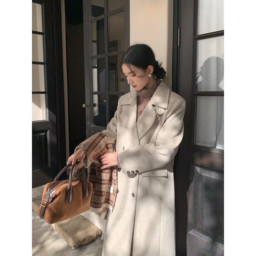 立领毛呢外套复古双排扣大衣