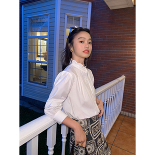 女宽松灯笼袖 pusumede 衬衫 白色木耳边立领长袖 衬衣 美学结构