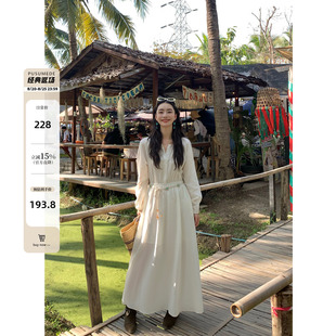 连衣裙女收腰气质度假风裙子 pusumede 解锁假日 法式 复古圆领长袖