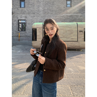 pusumede 南韩女主 黑色羊毛小香风粗花呢外套女气质毛呢短款上衣